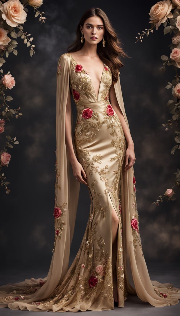 Woman in Gold Gown with Roses