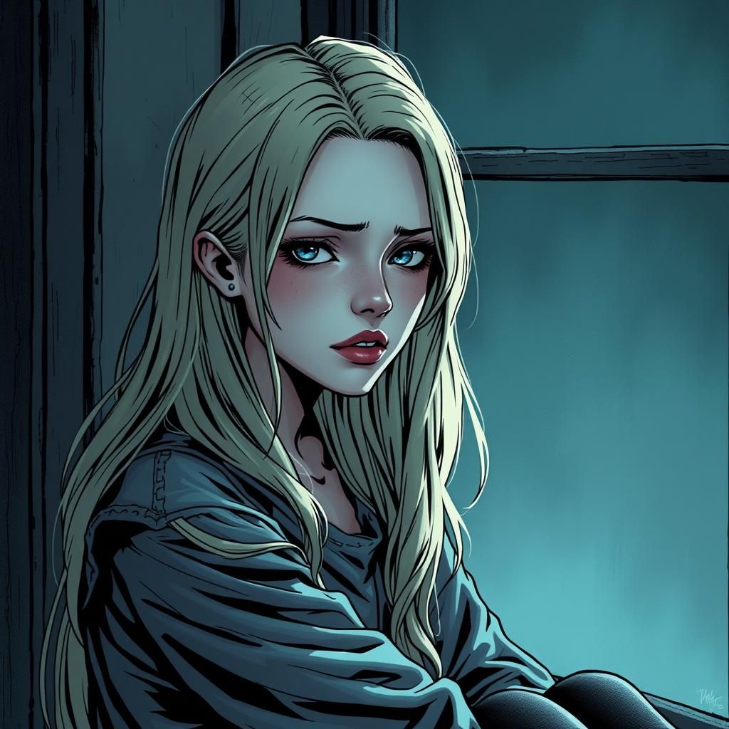 Sorrowful Girl Portrait in Comic Book Style