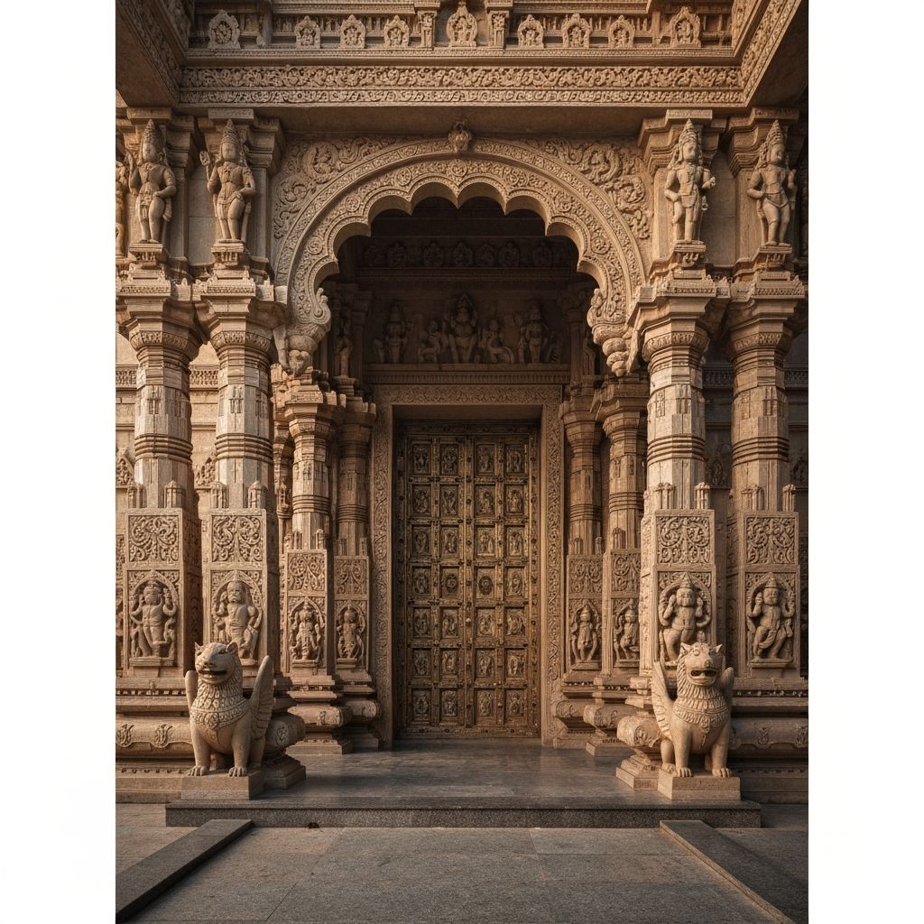 Ornate Temple Entrance with Mythical Carvings