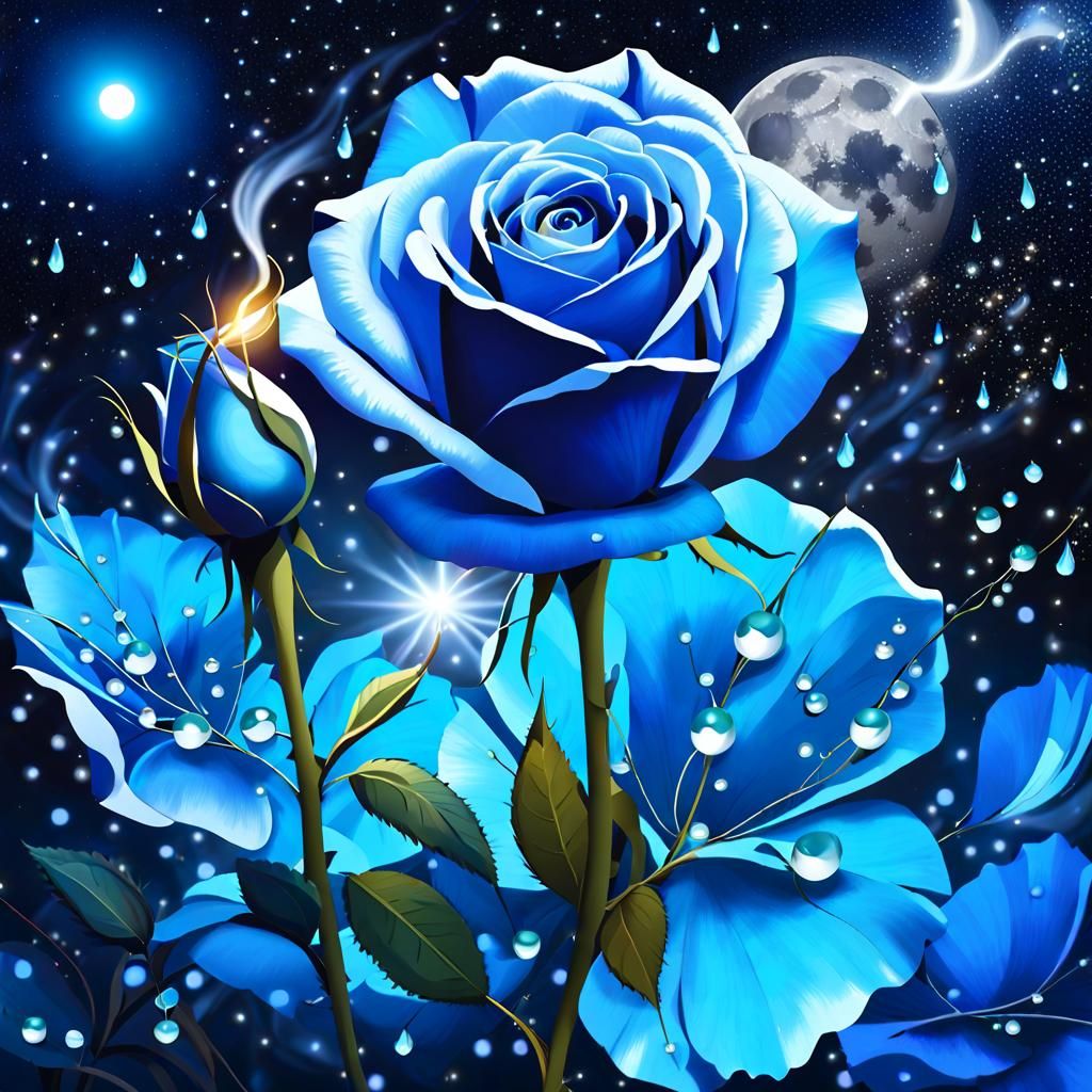 Luminous Blue Rose with Pearl Drops