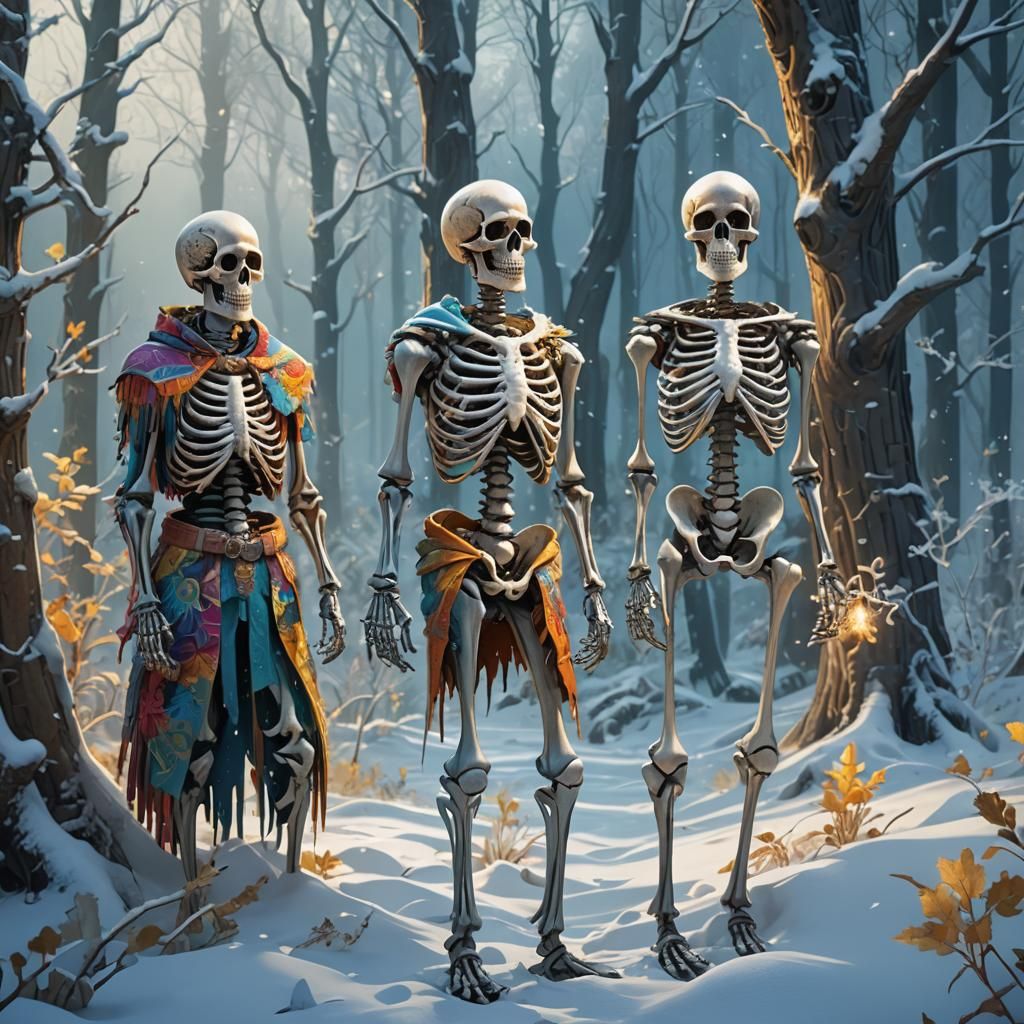 Colorful Skeletons in Winter Forest, Fantasy Art