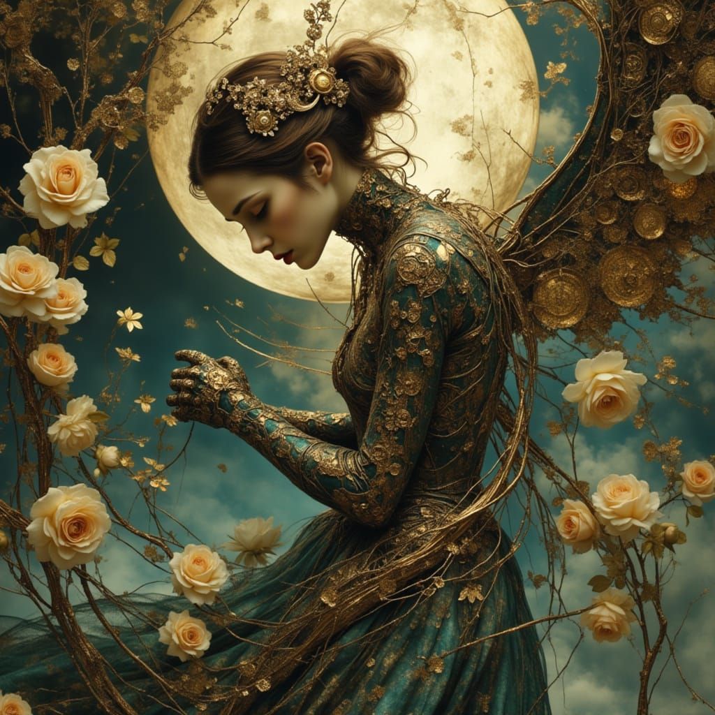 Cyborg Dances in Moonlit Garden: Neo-Baroque Art