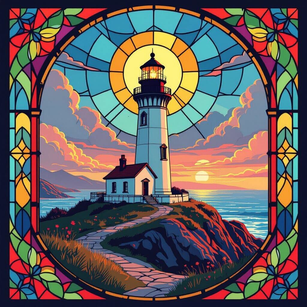 Lighthouse in Stained Glass Landscape, Digital Art