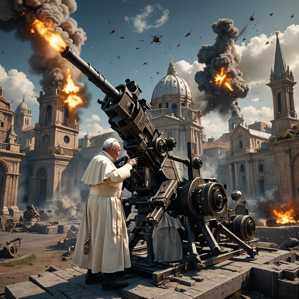Pope Fires Anti-Aircraft Gun: Detailed Matte Painting