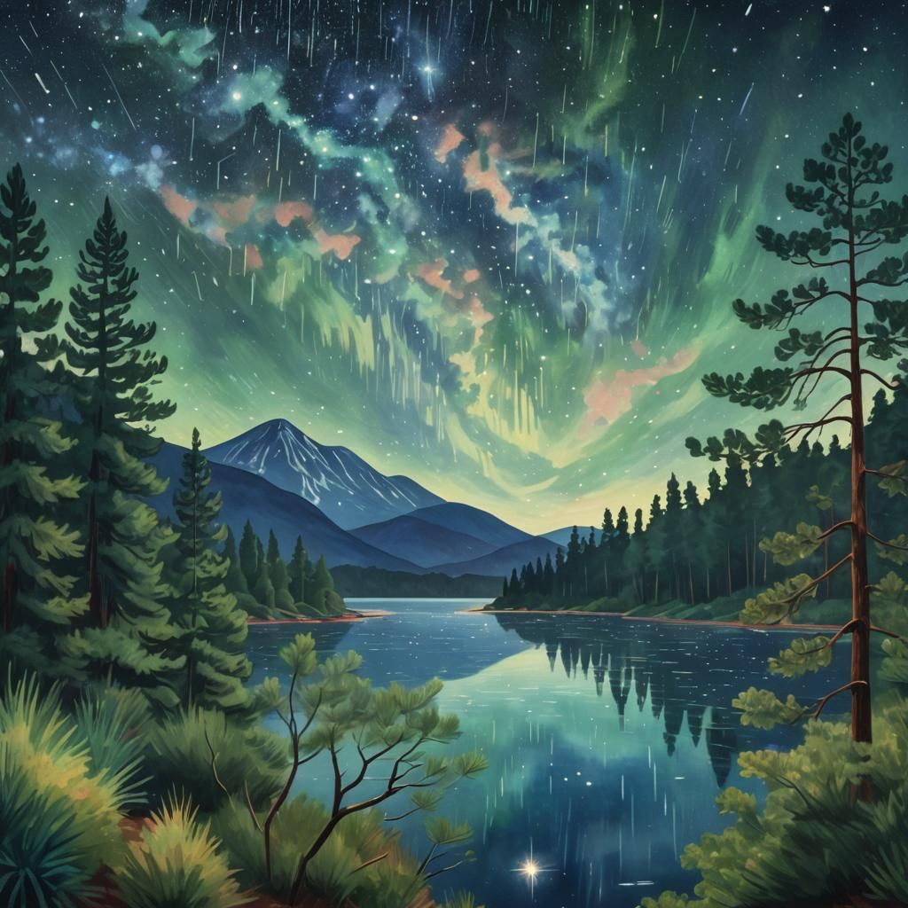 Mountain Lake at Night, Matisse-Inspired Matte Painting