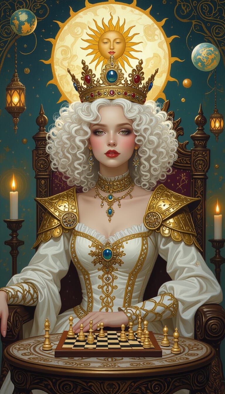 Fantasy Queen on Throne: Surreal Dreamlike Oil Painting