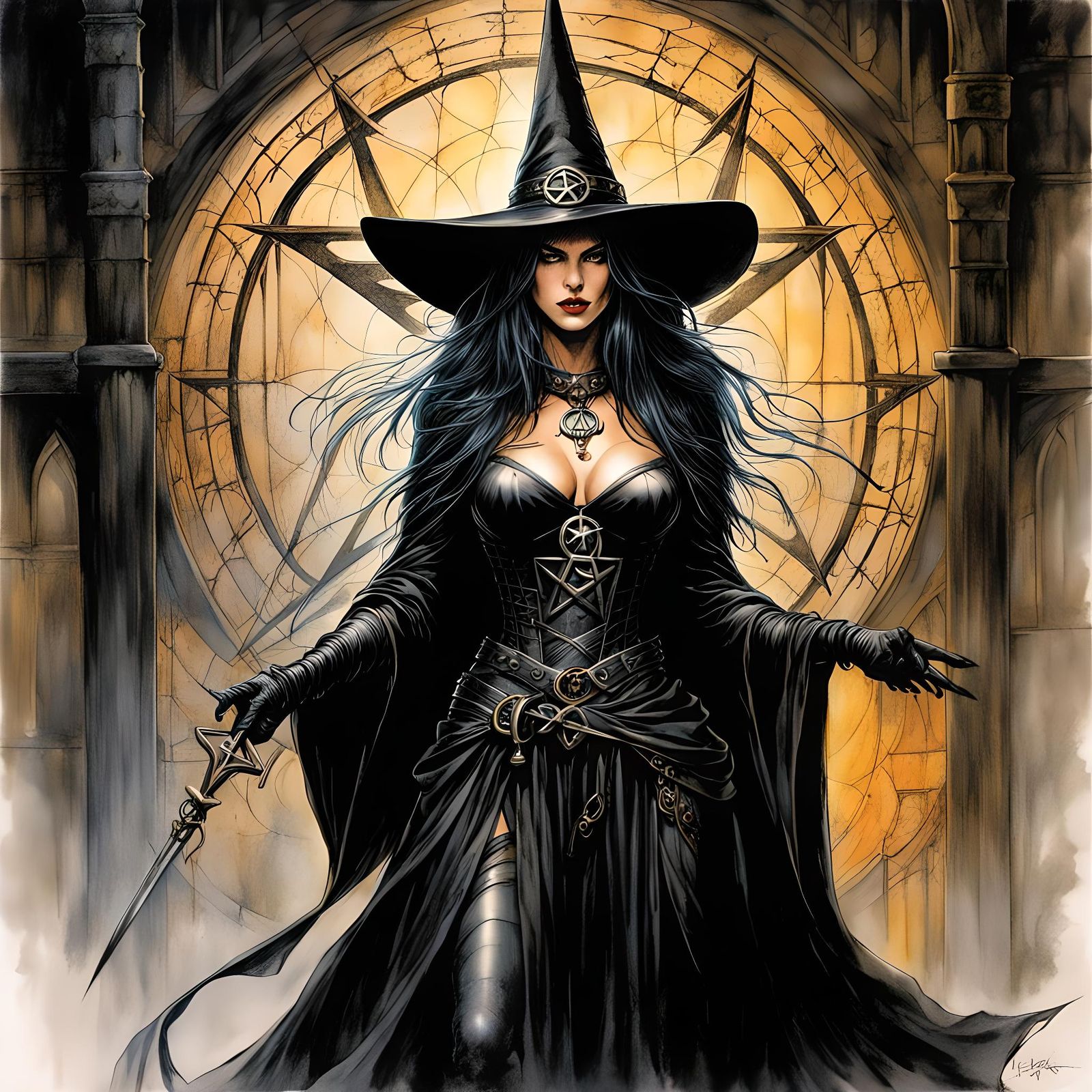 Sinister Witch Drawing Pentagram in Dungeon, Comic Book Styl...
