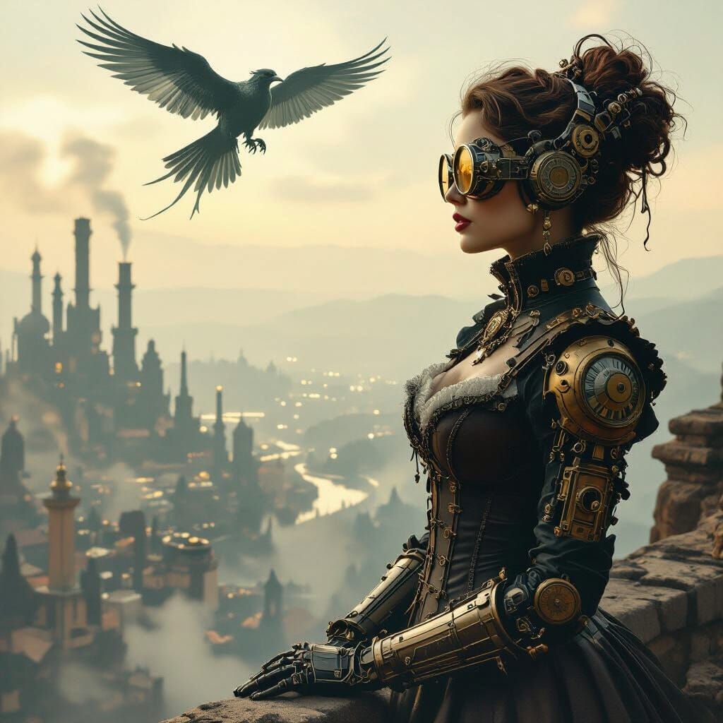 Steampunk Woman on Precipice with Clockwork Prosthetics