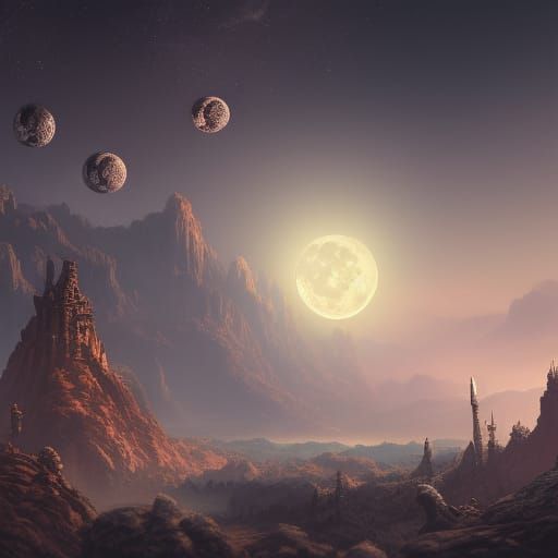 Fantastical Moon in Deep Color, Detailed Matte Painting