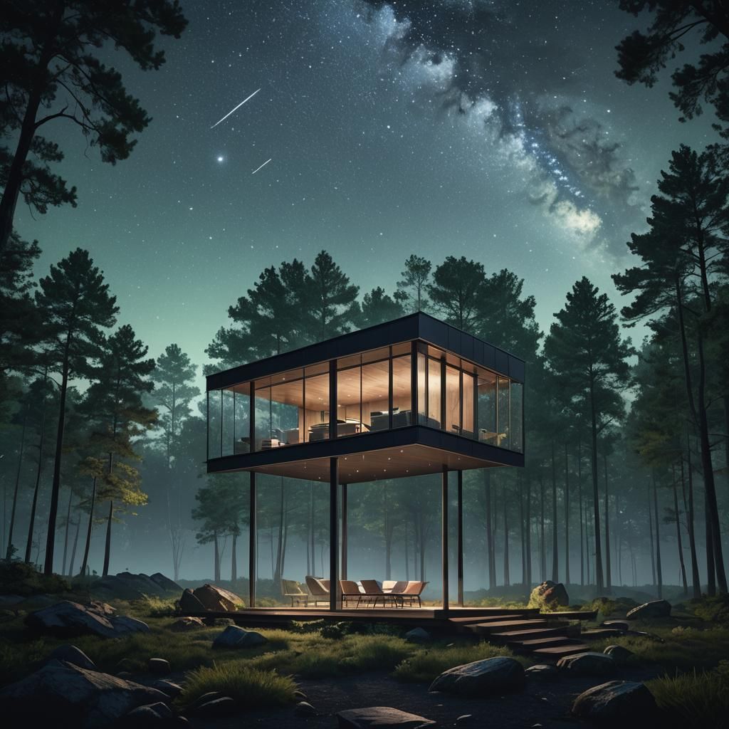 Modern Cabin Under Starry Sky: Hyper-Realistic Concept Art