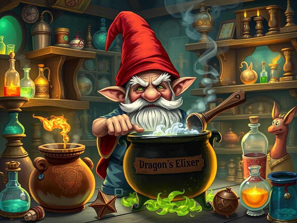 Mischevous Gnome Stirs Dragon's Breath Elixir in Whimsical L...