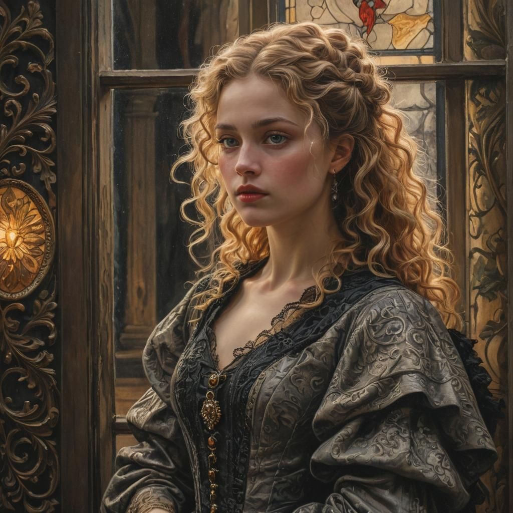 Victorian Woman with Raven Cameos: Oil Painting
