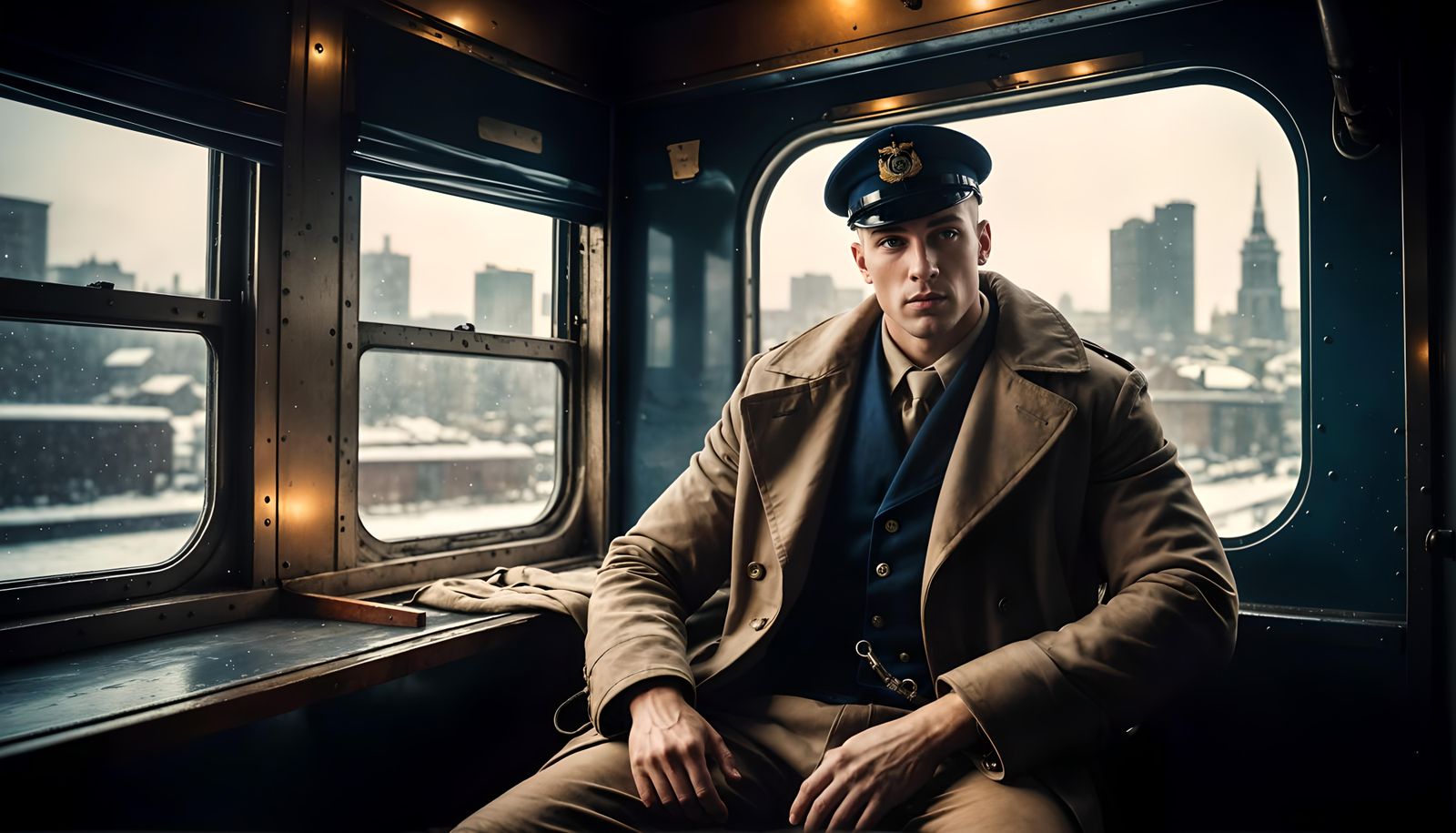 Steampunk WWI Sailor in Winter Cityscape