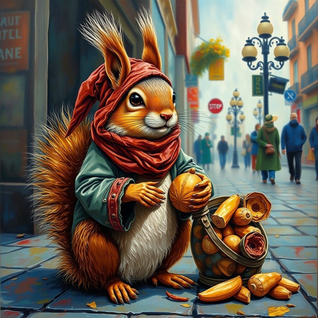 Una ardilla traviesa, disfrazada de mendigo, pidiendo limosna en la calle.