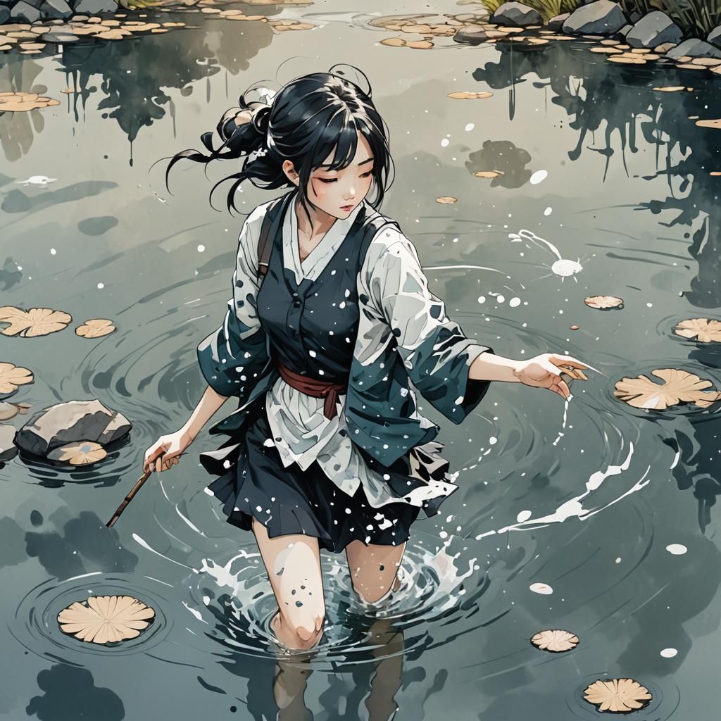 Ink Splatter Art: Girl Throwing Rocks in Pond