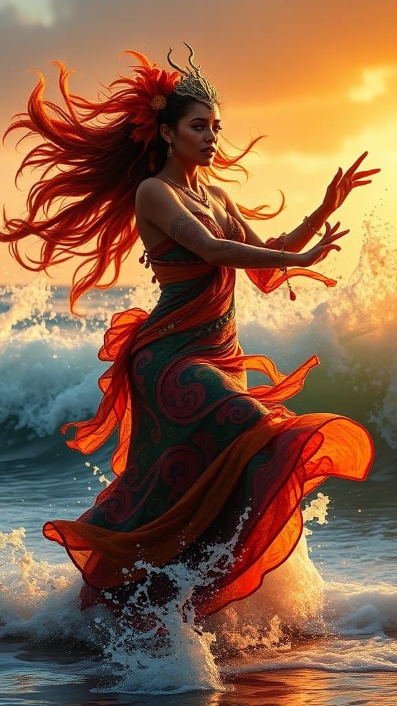 Enchanting Latina Siren Witch Dances on the Shore