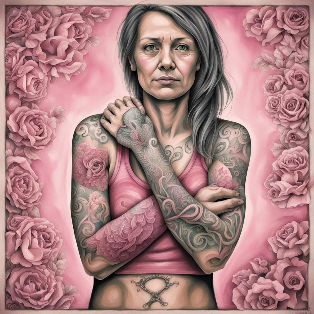 Woman with Breast Cancer Tattoo: Artistic Portrait