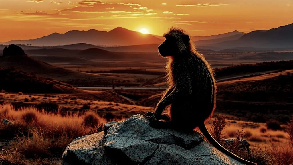 Surreal Silhouette of a Wise Old Baboon in a South African L...