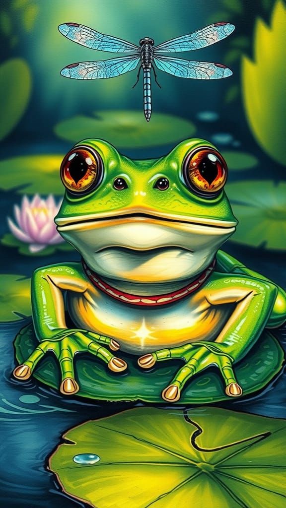 Surprised Frog with Dragonfly in Alcohol Ink Style