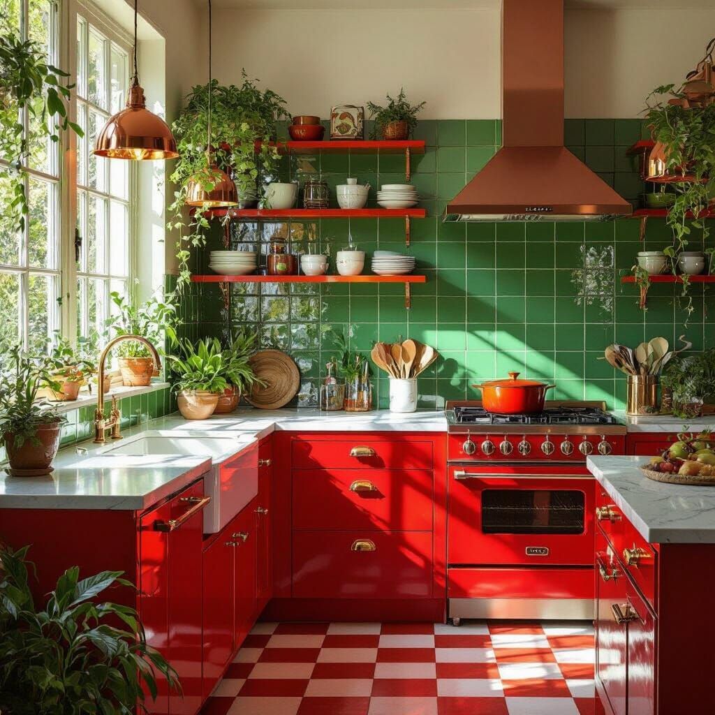 Vibrant Red & Green Kitchen with Lush Greenery
