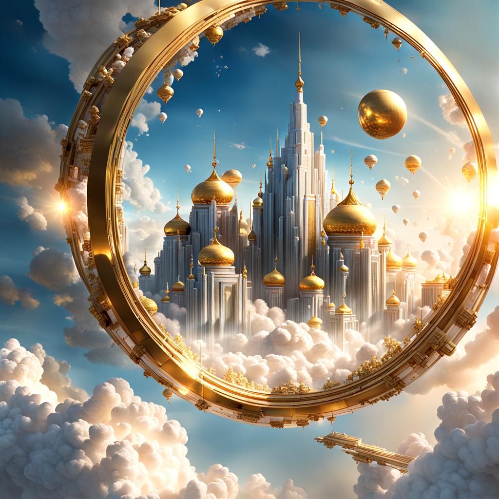 Opulent Cloud City Shimmers in Hyperrealistic 3D Render