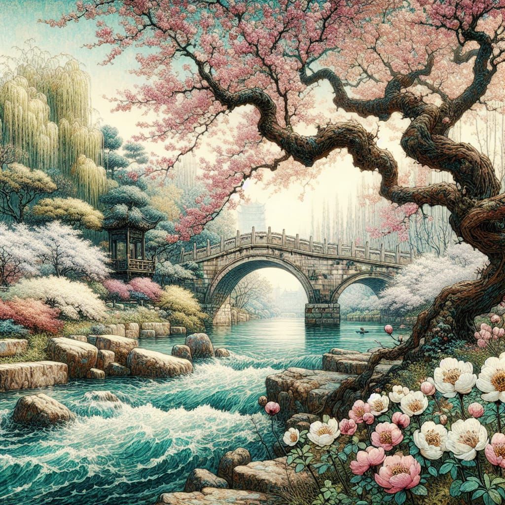 Idyllic Chinese Spring Landscape in Impressionist Style