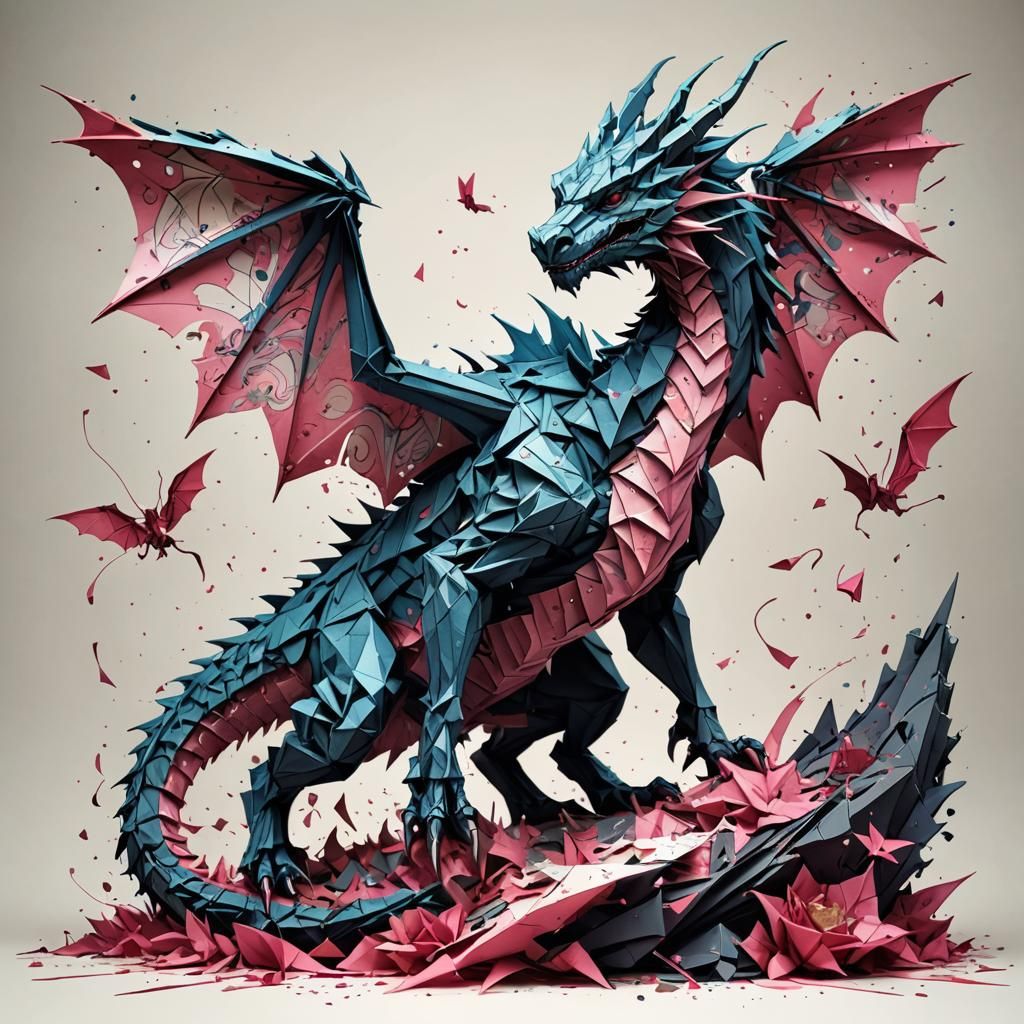 Epic Origami Magic Dragon in Watercolor Splash Art