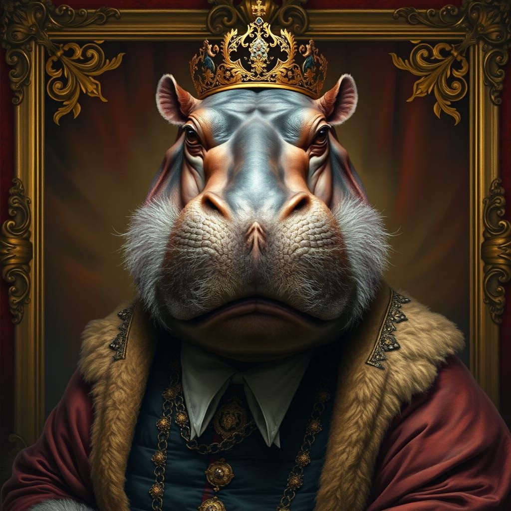 A Grand Hippo in Ornate Attire, Set Against a Rich Backgroun...
