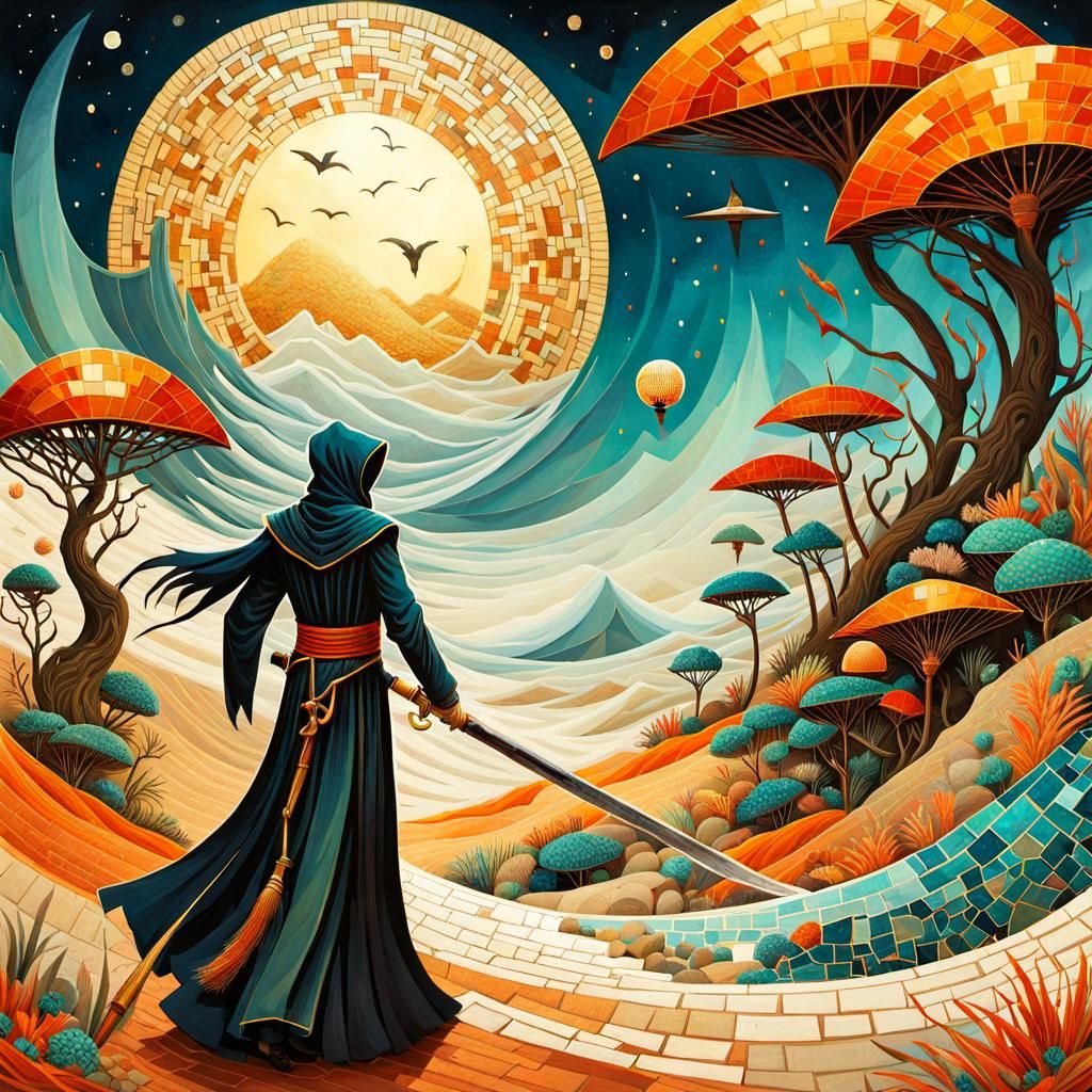 Mosaic Death with Hourglass in Surreal Style