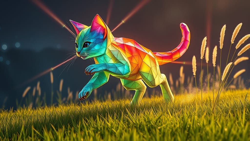 Joyful Origami Kitten Runs Through Glowing Crystal Field