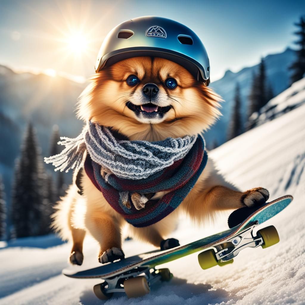 Skateboarding Pomeranian in Snow: Hyperrealistic Close-Up
