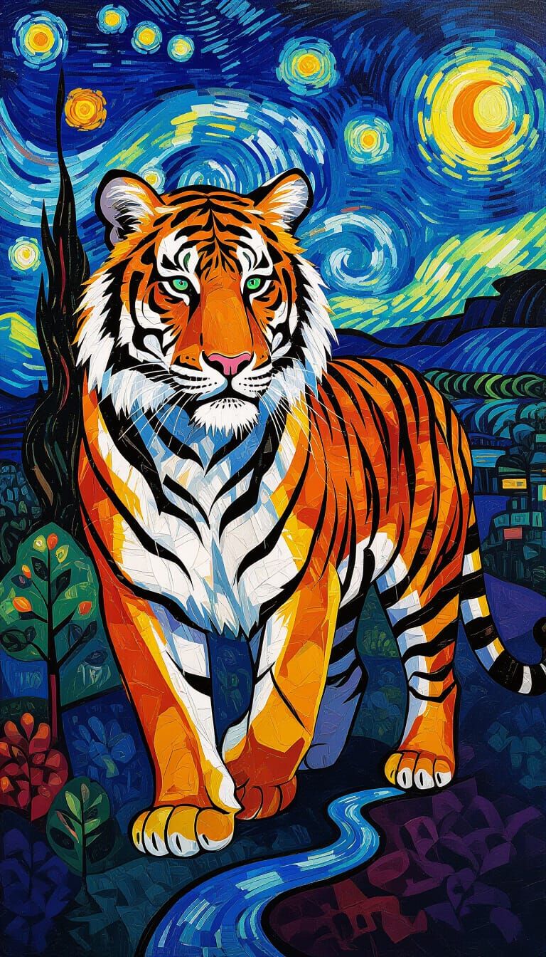 Majestic Tiger Silhouette in Vibrant Abstract Fusion