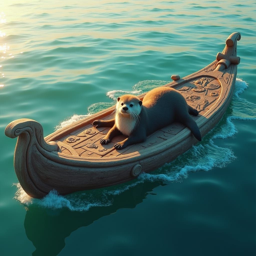 Sea Otter on Carved Raft in Turquoise Sea