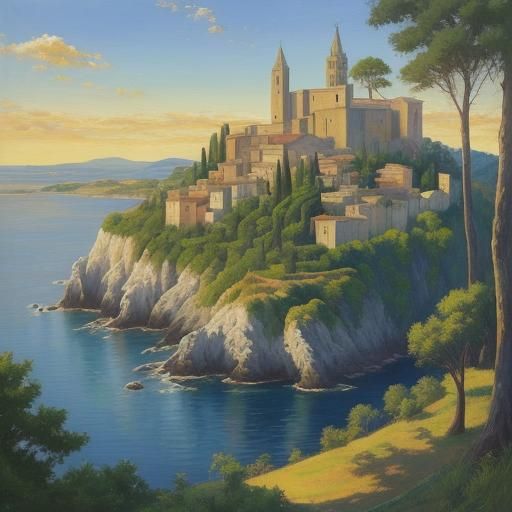 Italian Medieval Cityscape Painting with Golden Light