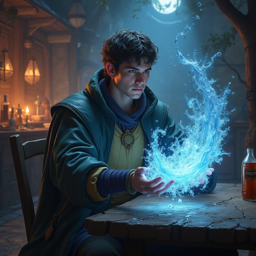 Halfling Mage Conjures Ice Magic in Dark Tavern