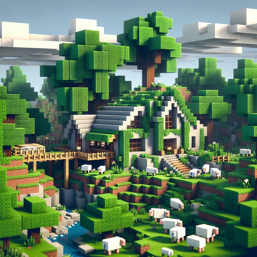 minecraft house made of cobblestone cubes, trees and white sheep, 8-bit pixelated computer art, retro, video game