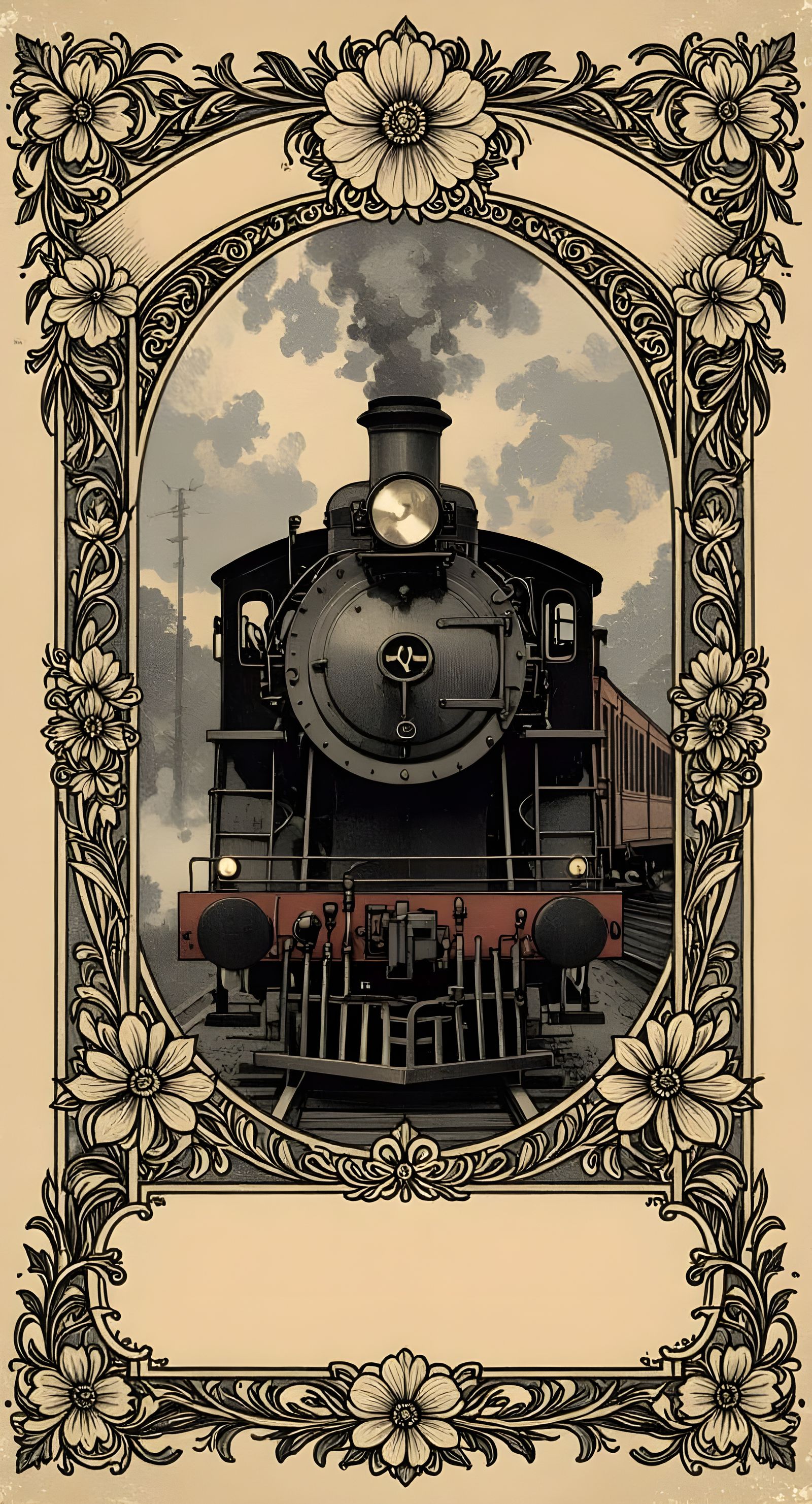 Create an ornate Victorian vertical banner, with a steam locomotive vignette in the very center, and the words "New Vict...
