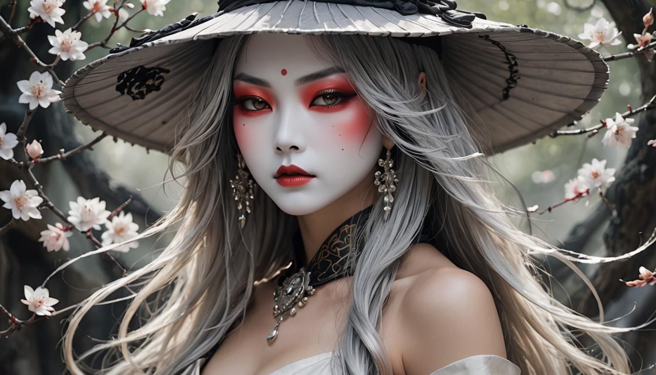 Ethereal Kabuki Woman in Abstract Vector Style