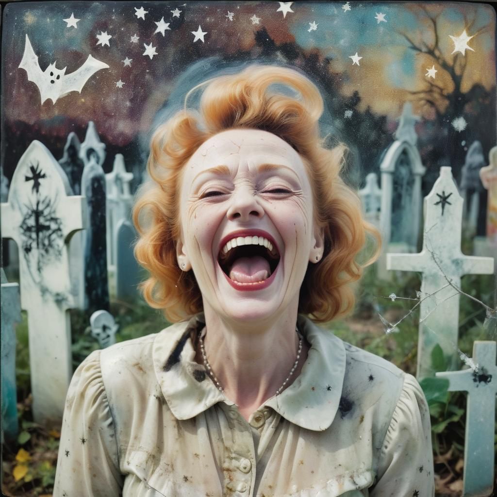 Vampire Laughing in Graveyard, Encaustic Double Exposure