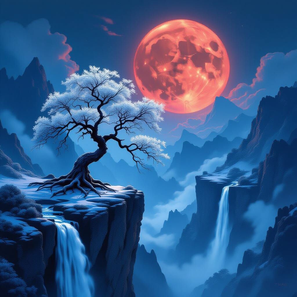 Surreal Mystical Landscape with White Tree and Red Moon