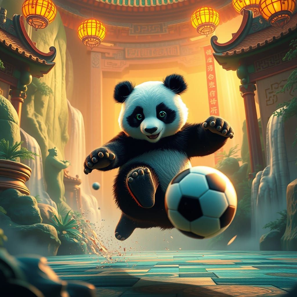 Surreal Panda Soccer in Ancient Chinese Arena