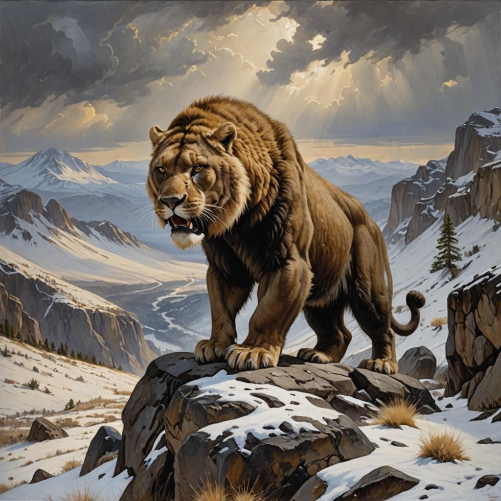 Sabertooth Tiger on Snowy Ridge, Academic Painting
