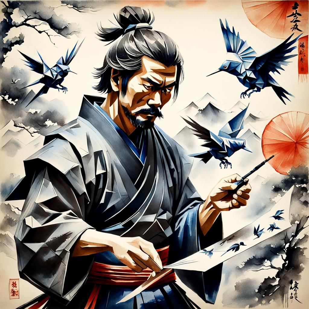 Samurai Origami Masterwork in Japanese Ink Wash Style