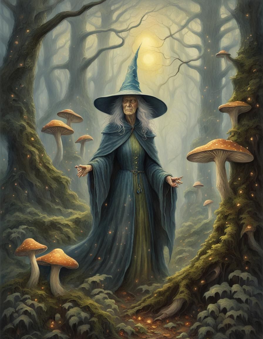 Enchanting Witch in Misty Forest, Fantasy Art