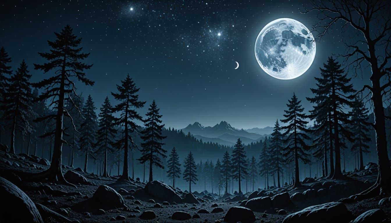 Mystical Full Moon Over Dark Forest Digital Painting