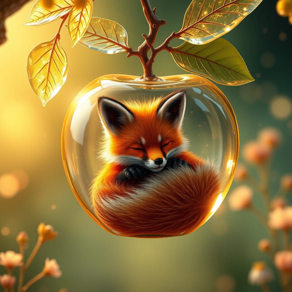 Whimsical Hyper-Realistic Fox in Glass Apple Tree