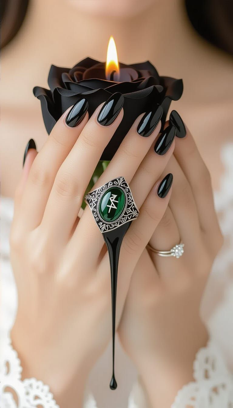 Elegant Hands With Black Nails Holding Burning Rose Candle a...