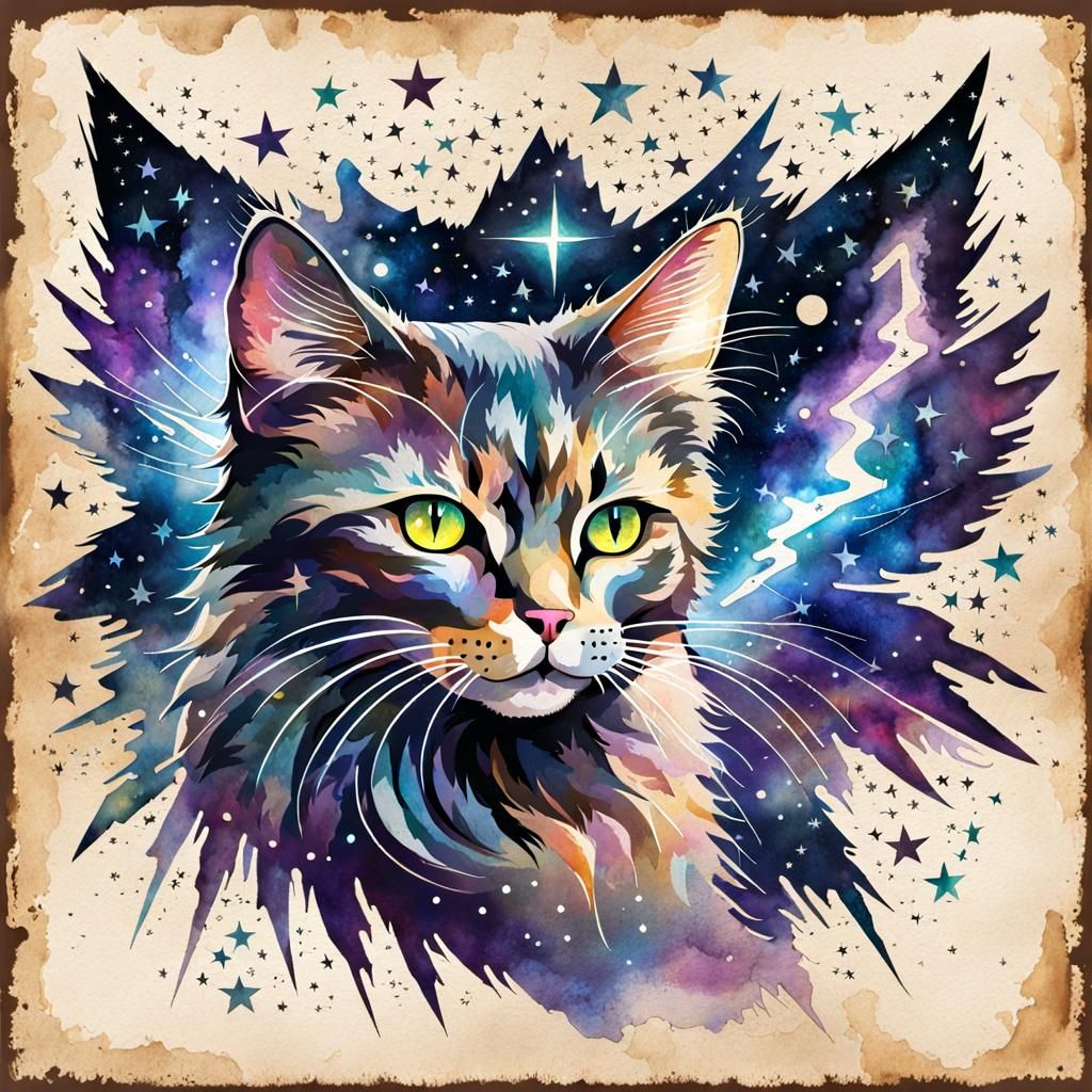 Iridescent Winged Cat Soaring in Starry Sky