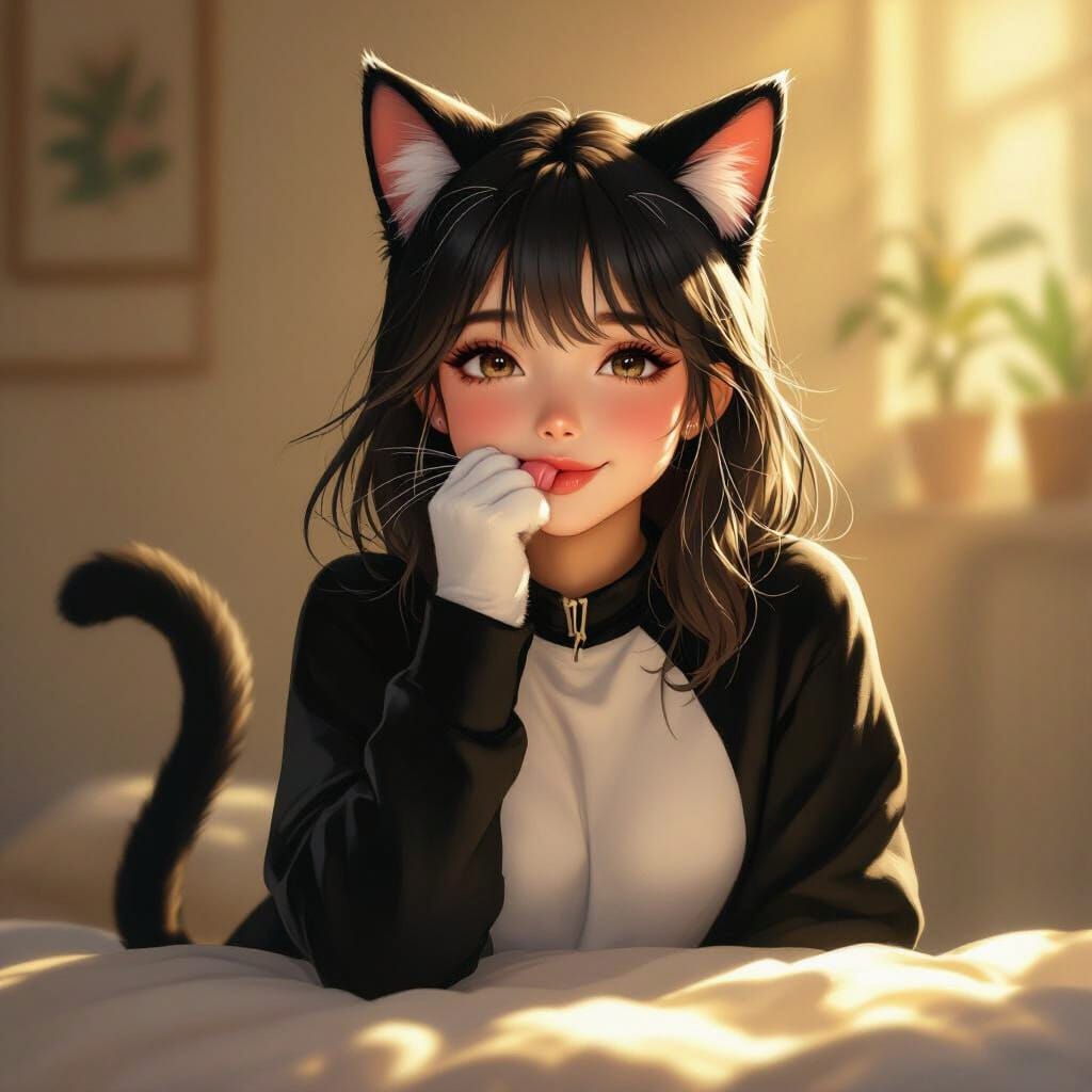 Joyful Girl in Realistic Cat Costume in Golden Hour Light