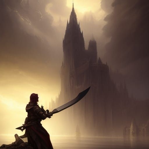 Knight Throws Sword into Lake: Dark Fantasy Art